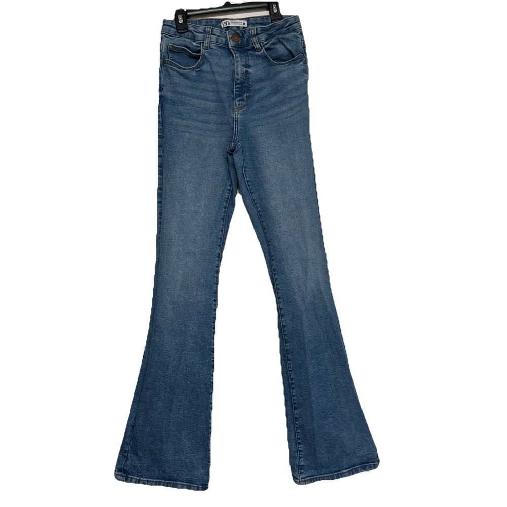 Zara Woman's High Waisted Boot Cut Distressed Blue‎ Denim Jeans Size 6 #77302